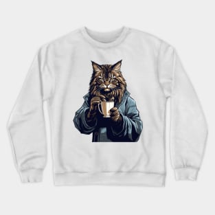 Maine Coon Cat Drinking Coffee Crewneck Sweatshirt